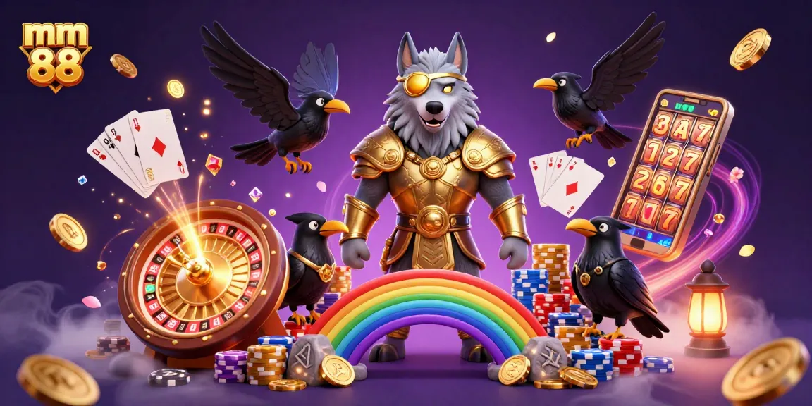 Experience exhilarating gambling adventures at mm 88 with vibrant 3D illustrations of heroic characters and dynamic casino elements.