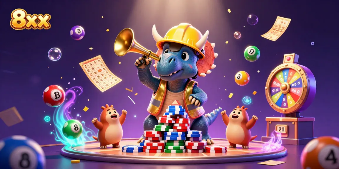 8xx showcases a vibrant casino scene with a cheerful triceratops and lottery elements in action.