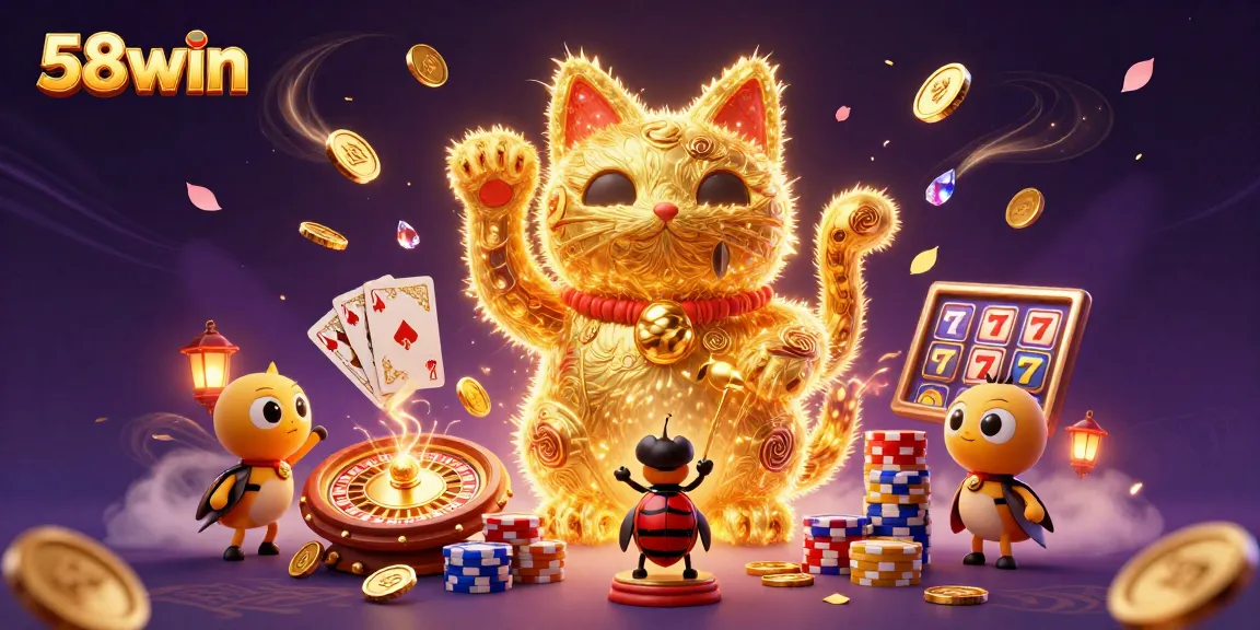 Engage with 58win's vibrant gaming experience featuring a lucky cat and exciting casino symbols.