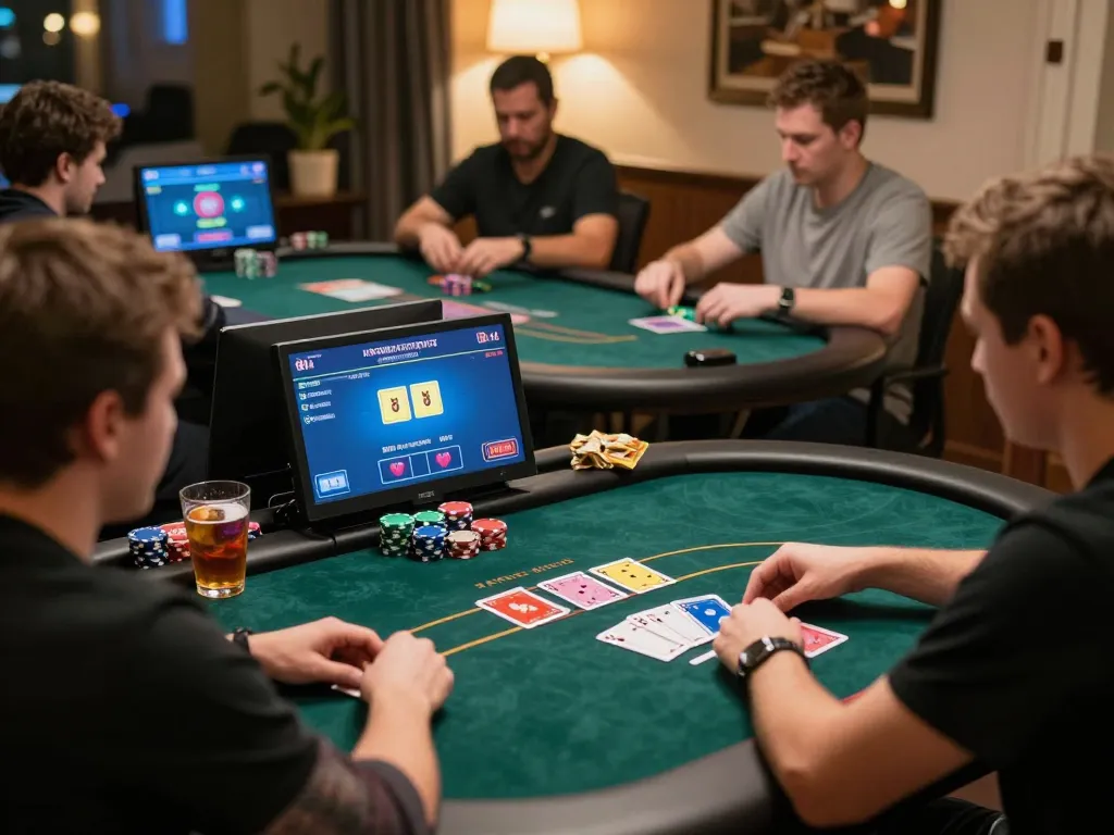 va88 players competing in intense online poker tournament, colorful cards and chips on digital tables