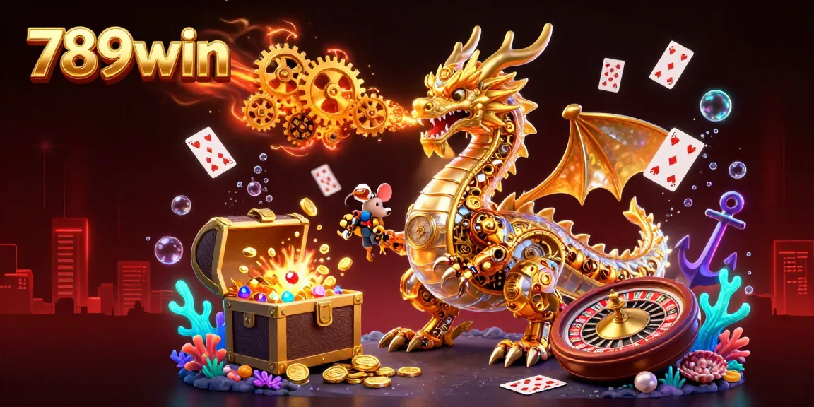 Experience thrilling wins at 789win with dynamic casino games featuring a golden dragon and floating cards.