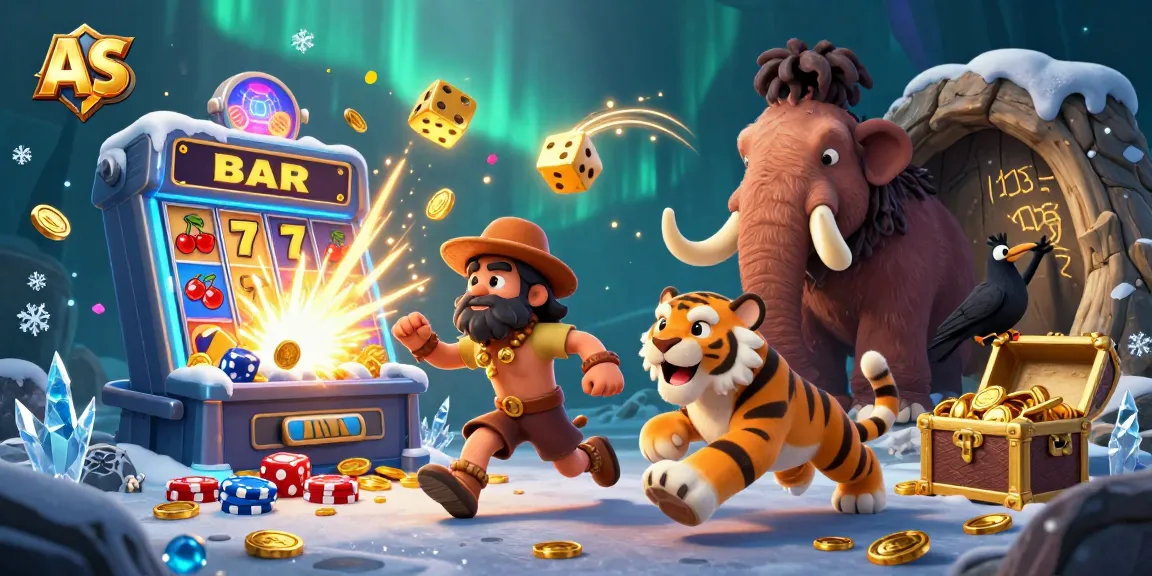 Experience thrilling moments with AS 9 in a lively prehistoric casino scene featuring stone poker chips and jackpots.