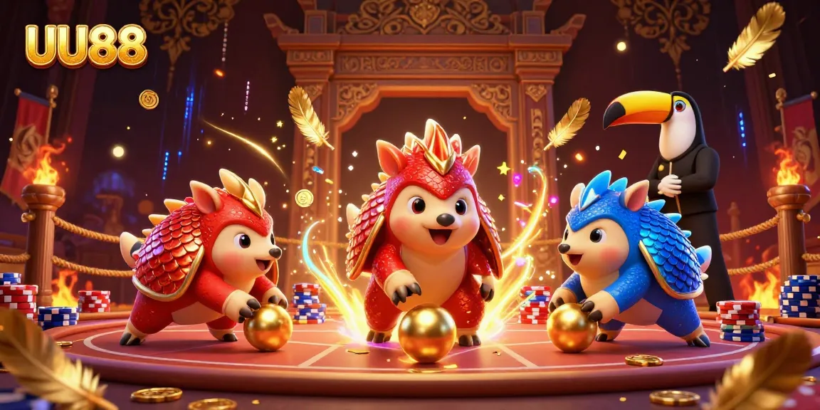 UU88 pangolins compete in a dynamic betting scene filled with poker chips and golden confetti.