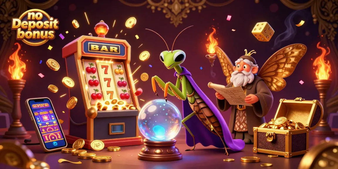 No deposit bonus illustration showcasing a fortune teller, moth librarian, and slot machine bursting with coins.