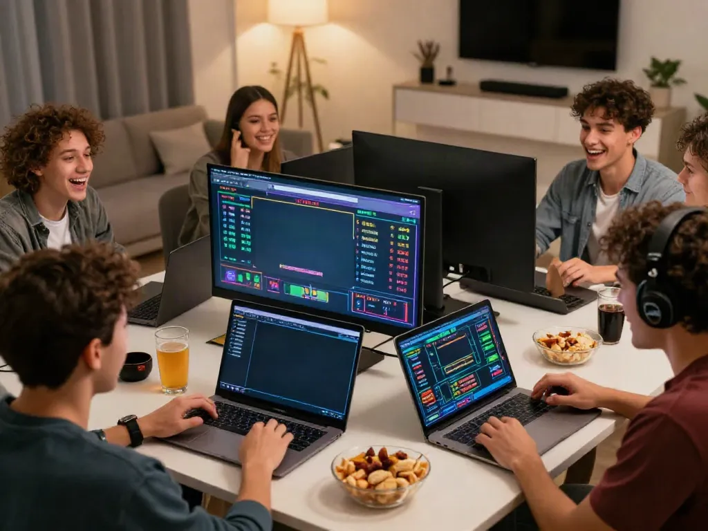Excited group betting on FC88 during live sports event at home.