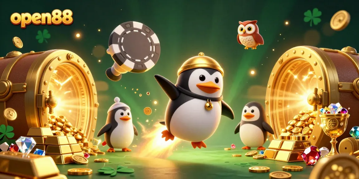 Play with open88 in this vibrant 3D illustration showcasing a dynamic casino scene.