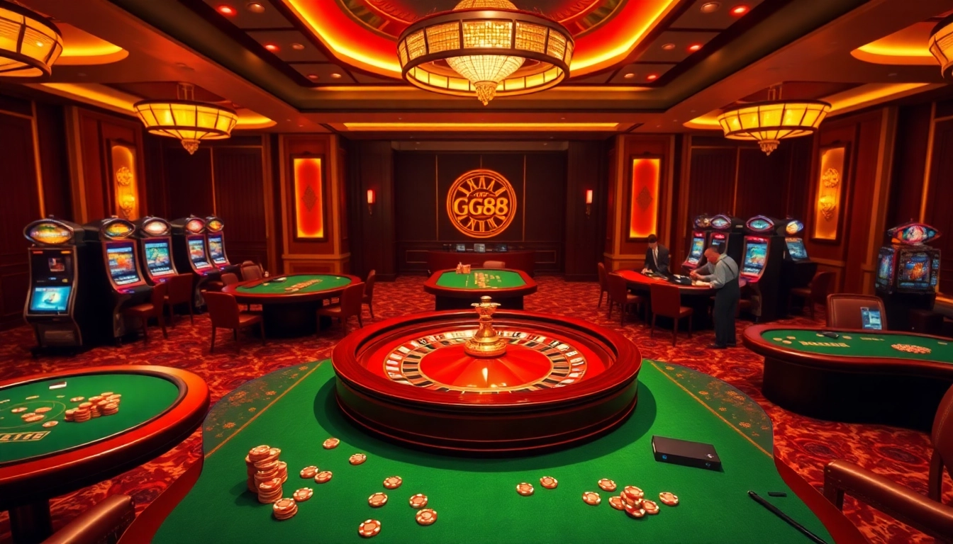 Experience thrilling gameplay at GG88 with luxurious casino tables and vibrant slot machines.