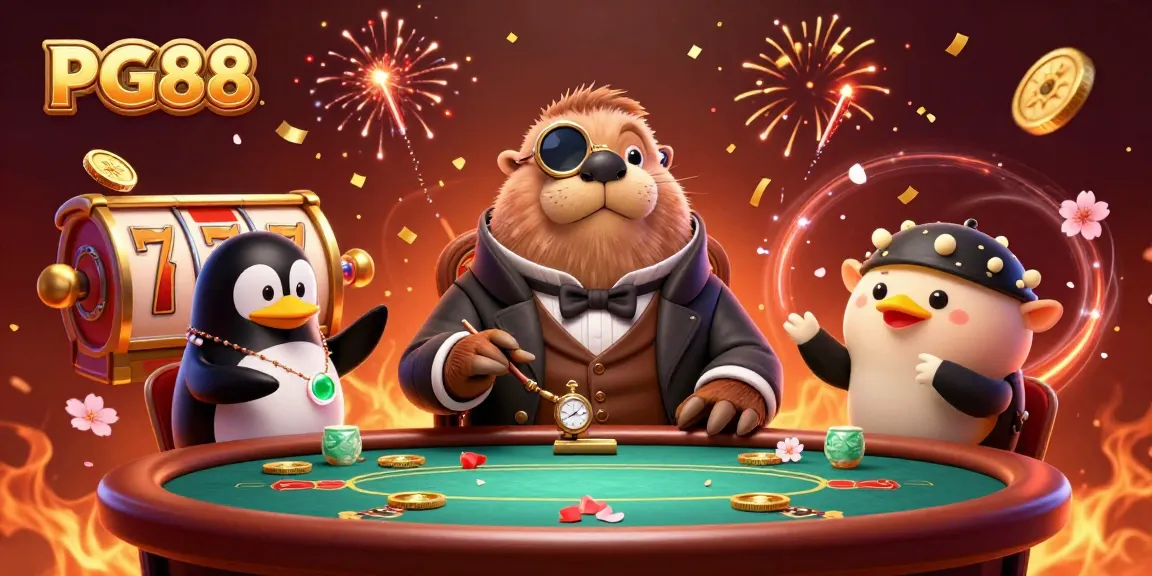 PG88 betting scene featuring a walrus, penguin dealer, and pufferfish in a vibrant underwater casino environment.