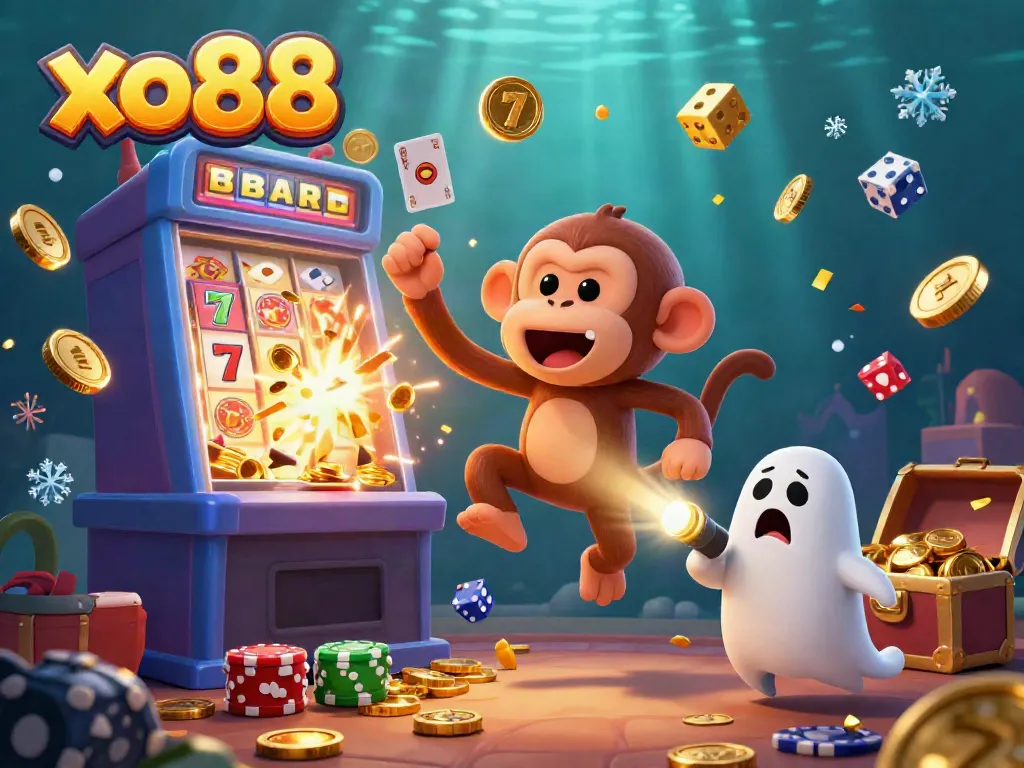 Experience the excitement of xo88 with a playful monkey and ghost-hunter puppy in a colorful casino.