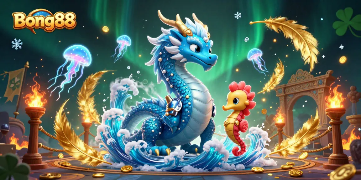 Immerse in Bong88's vibrant online gaming world with an azure water dragon and a seahorse knight.