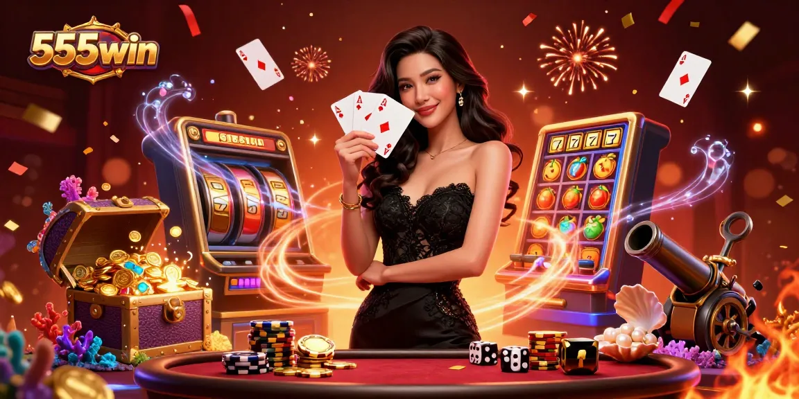 Win big at 555win with a glamorous casino scene featuring an elegant dealer and extraordinary game elements.