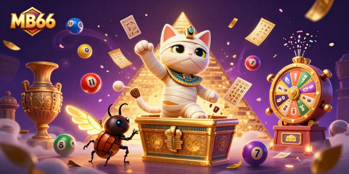 Experience the thrill of MB66 with a mummy cat and scarab beetle amidst lively casino games.