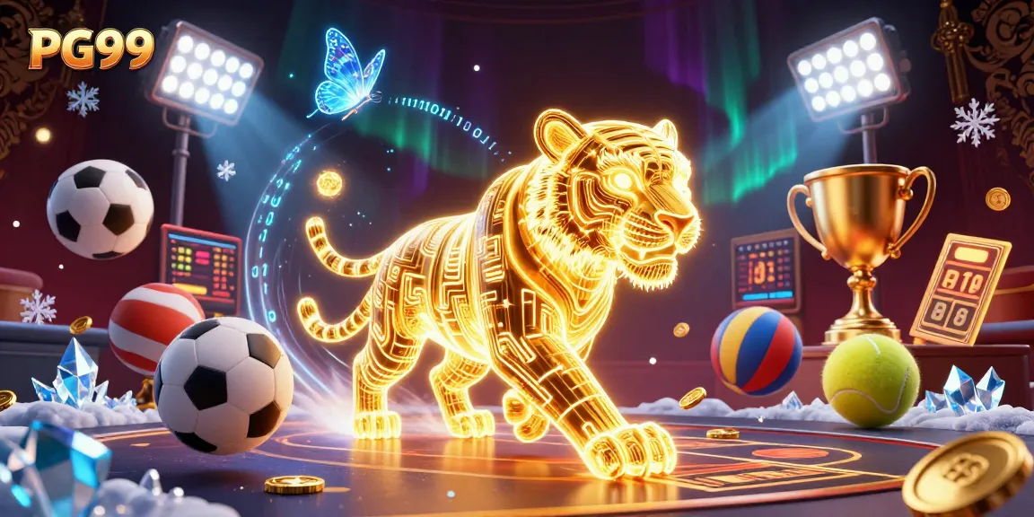 Experience the excitement of PG99 with a dazzling tiger in a vibrant digital casino landscape.
