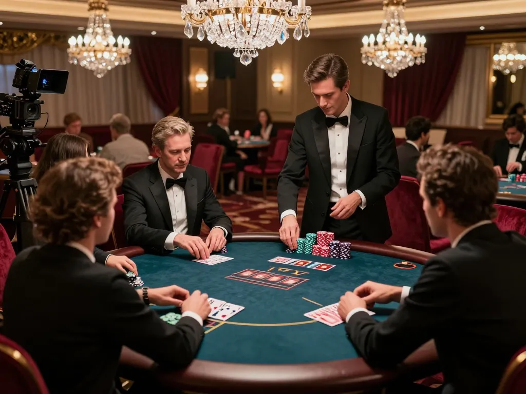 CM88 poker players strategizing their hands in a luxurious high-roller casino room.