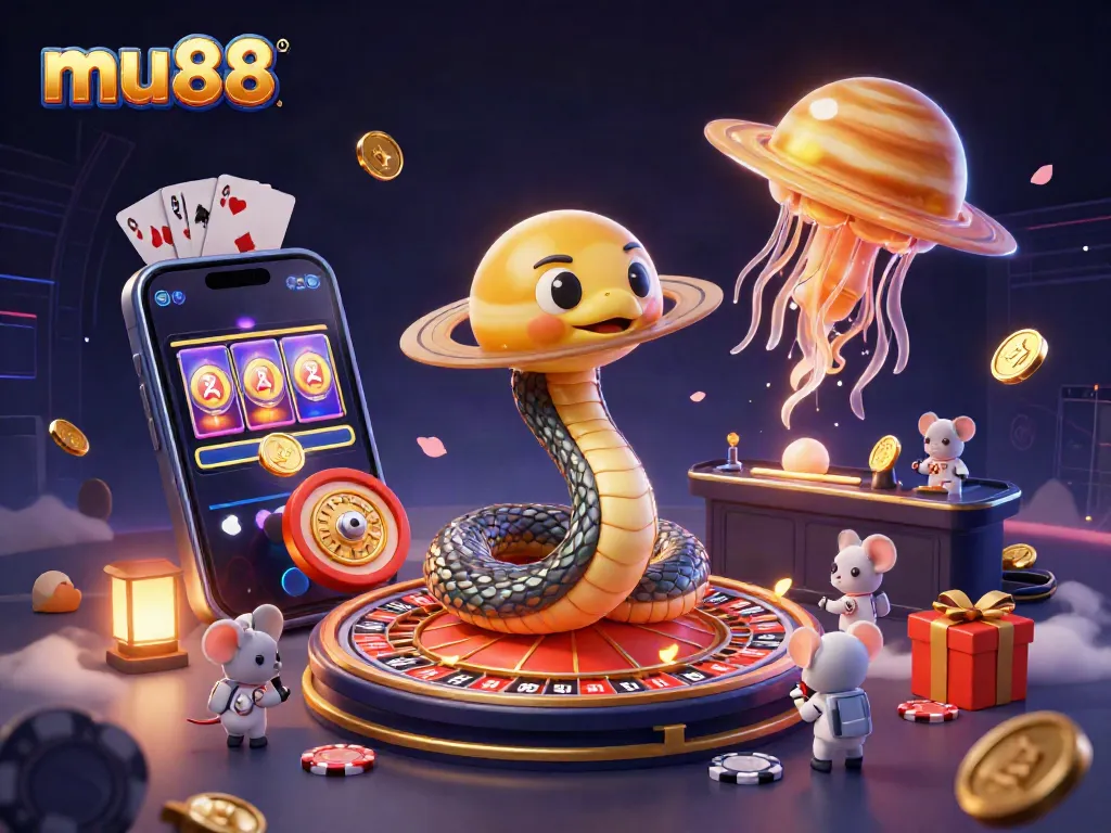 Experience thrilling cosmic betting at mu88 with cartoon characters and dazzling casino elements.