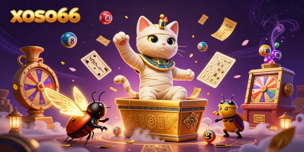 Xoso66 showcases a vibrant illustration of a mummy cat and a scarab in a lively casino scene with gaming elements.