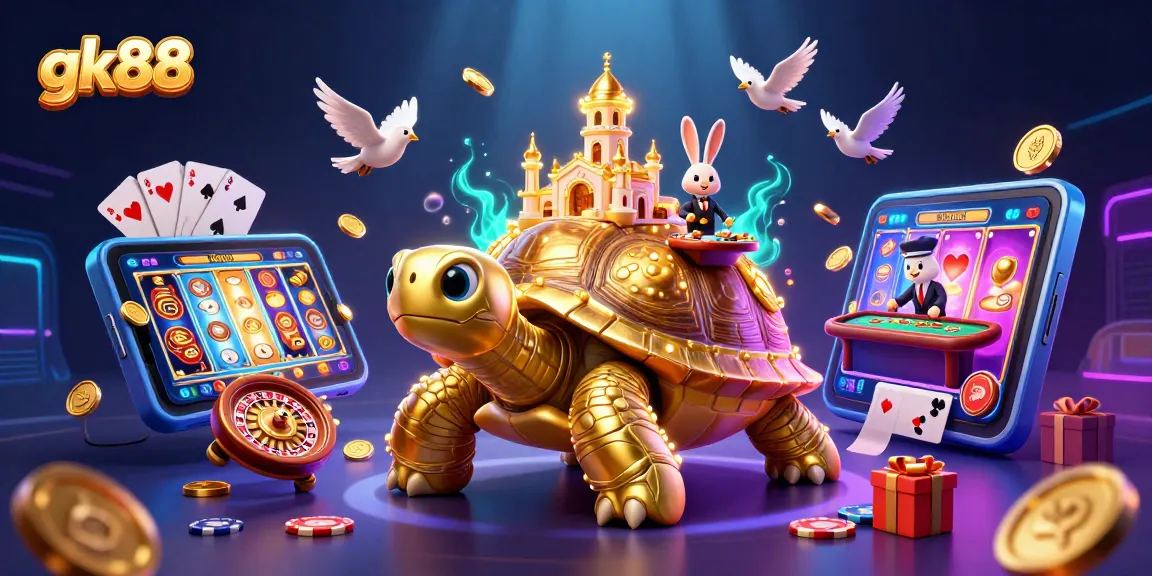 Nhận thưởng tại gk88 với hình ảnh sòng bạc 3D và các yếu tố trò chơi vàng.