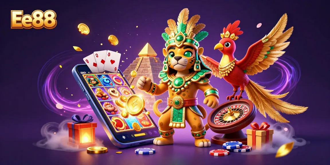 Experience thrilling gameplay with Ee88 showcasing a vibrant 3D scene of slot games and magical characters.