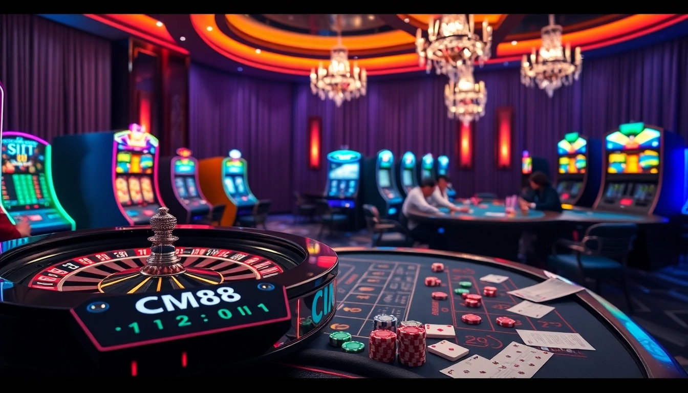 Engaging gambling action at a luxury casino featuring CM88 digital stats and vibrant table games.
