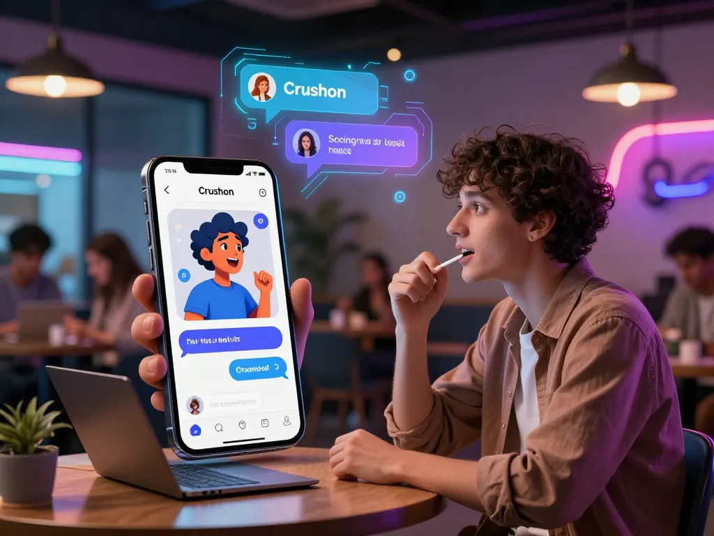 Engaging user interacting with Crushon AI character in a vibrant tech cafe.