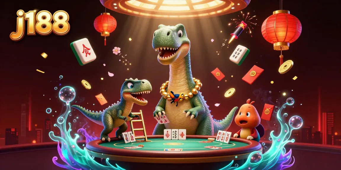 Engage with exciting j188 casino action featuring a towering brontosaurus in a vibrant poker scene.