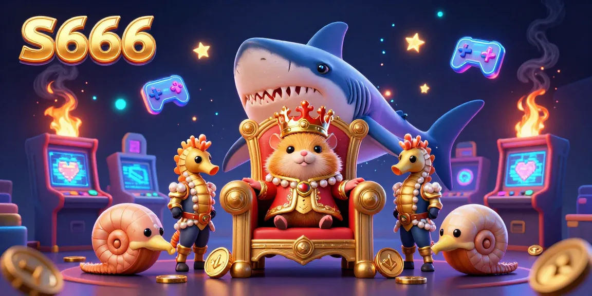 S666 showcases a vibrant scene with a golden hamster king on a megalodon throne surrounded by seahorse guards and arcade elements.