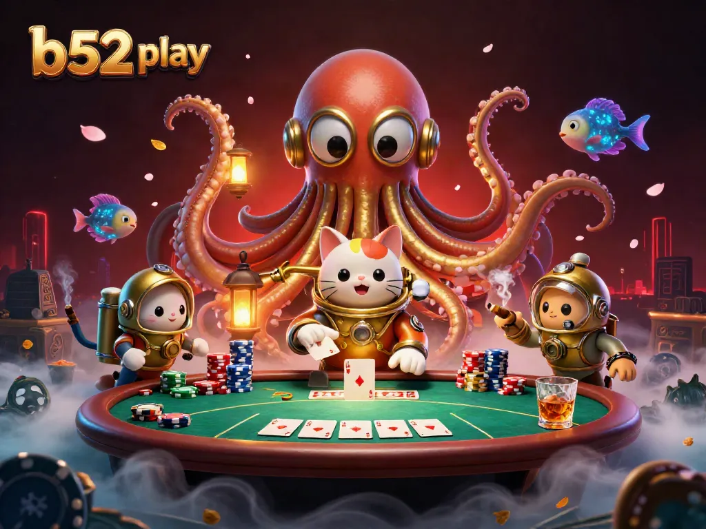 Engage in b52 play with a dynamic scene showcasing thrilling poker action surrounded by vibrant characters.