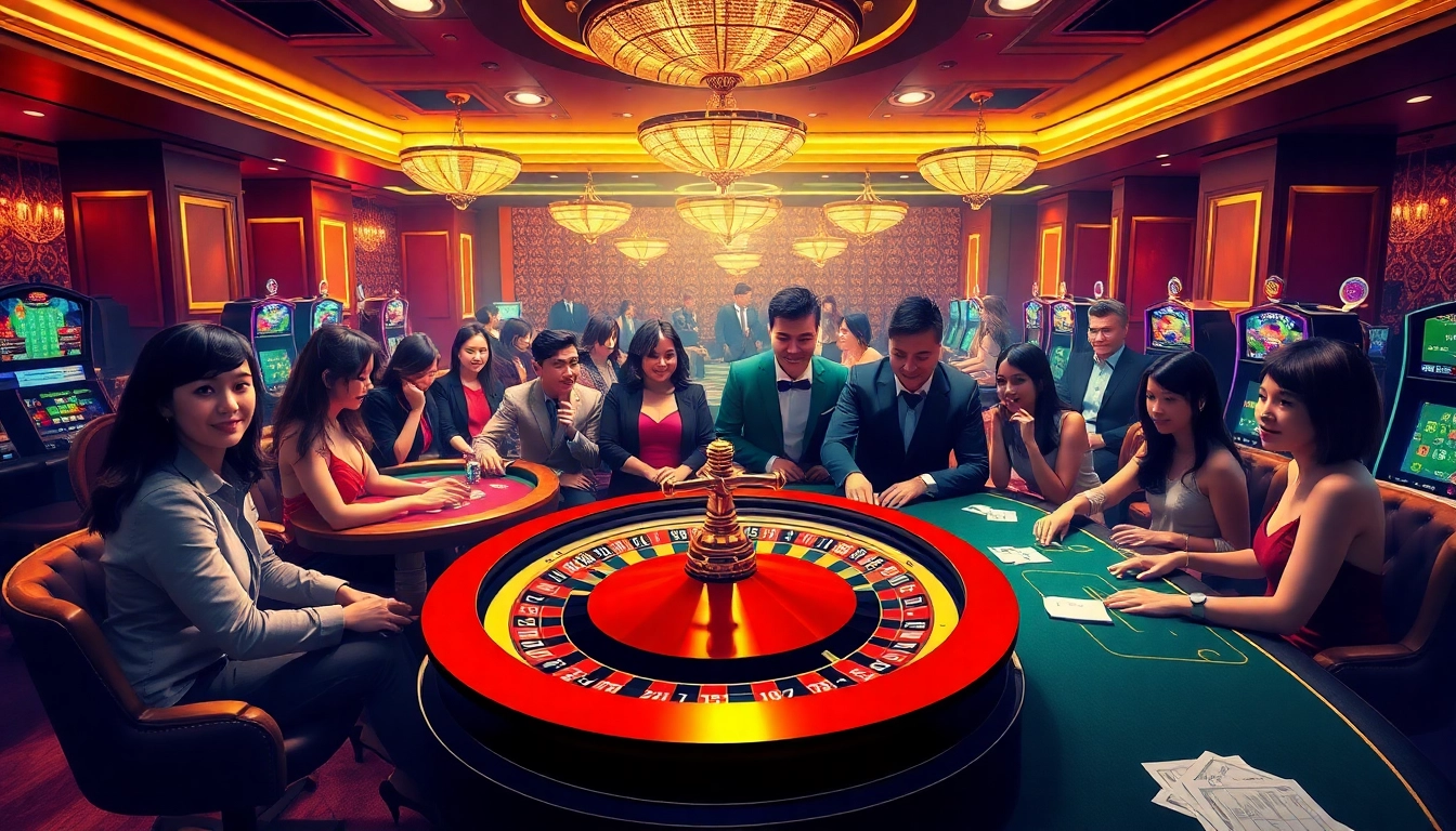Experience the excitement of GA888.COM with players enjoying roulette and poker in a luxurious casino setting.
