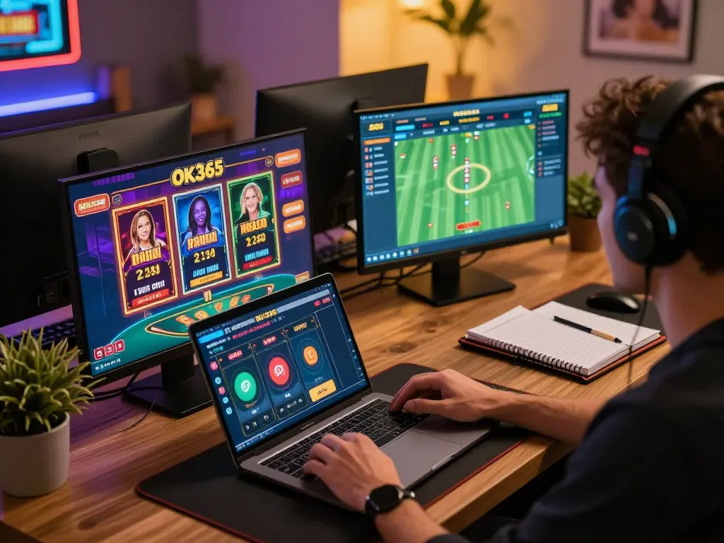 Immerse in the strategic world of online gaming with OK365 in a modern workspace.