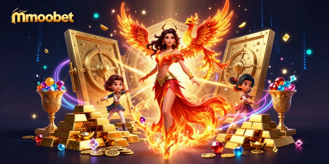 mmoobet's stunning casino illustration capturing an Asian woman in a fiery gown with treasure and gaming elements