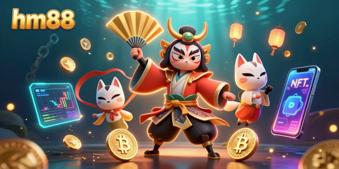 Experience the thrill of gaming with hm88's vibrant casino illustration featuring dynamic characters and crypto elements.