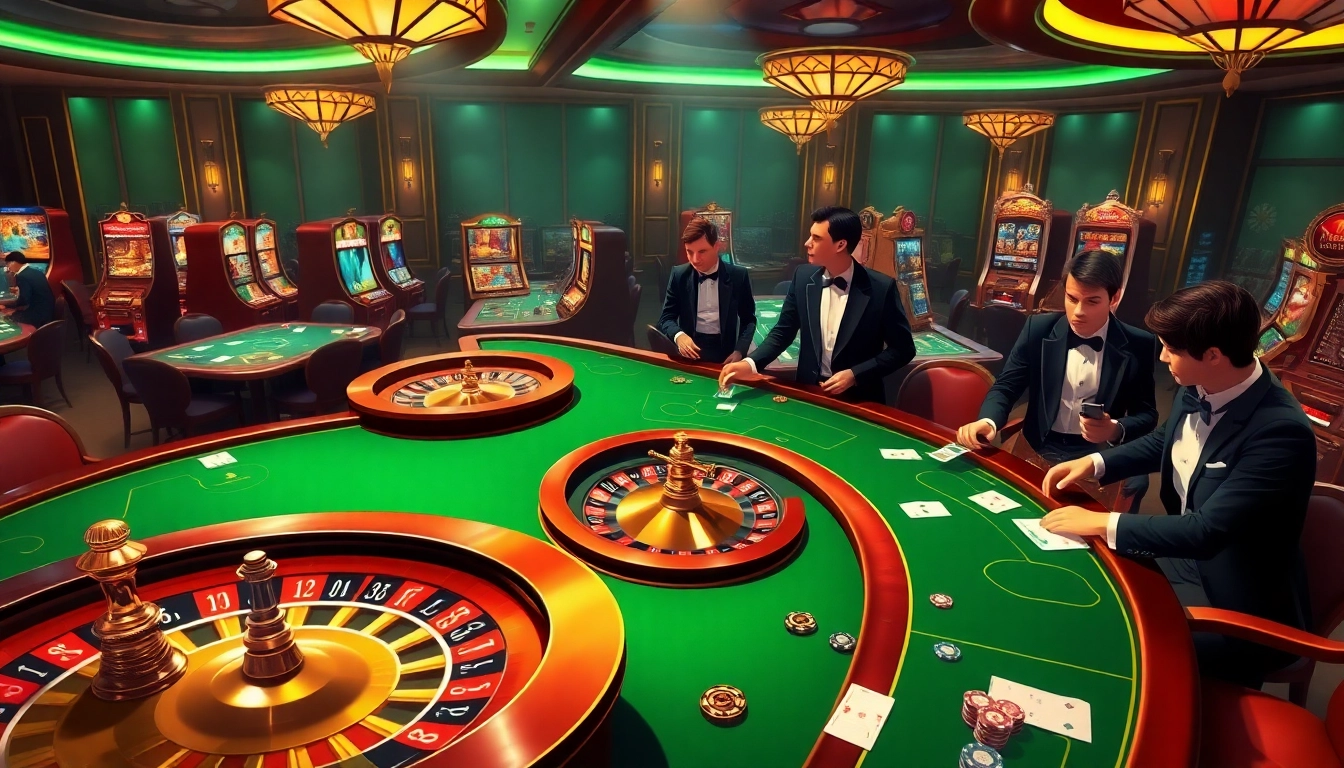 Experience the thrill of high-stakes gaming at ONE88.COM with luxurious casino tables and vibrant slot machines.