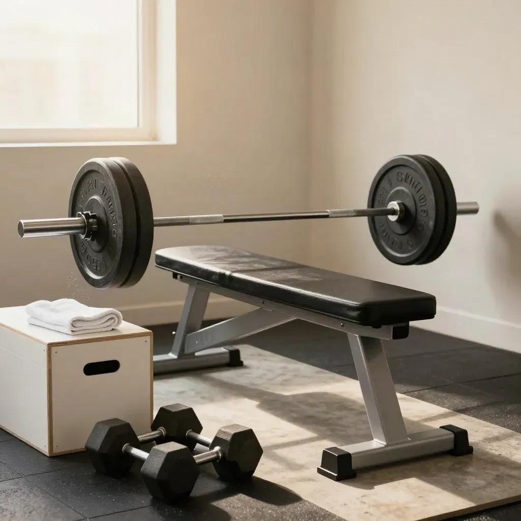 Özel stüdyo köşesinde yüklü barbell, bench ve dumbbelllarla güç anı.