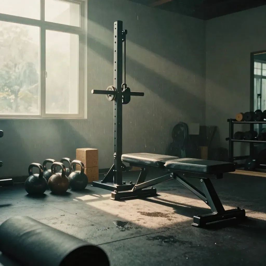 Şafak ışığında PT stüdyosu, kablo kulesi, bench, kettlebell ve esneme alanı.