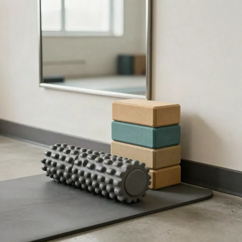 Postür düzeltme köşesi: mat, foam roller, yoga blokları ve ayna