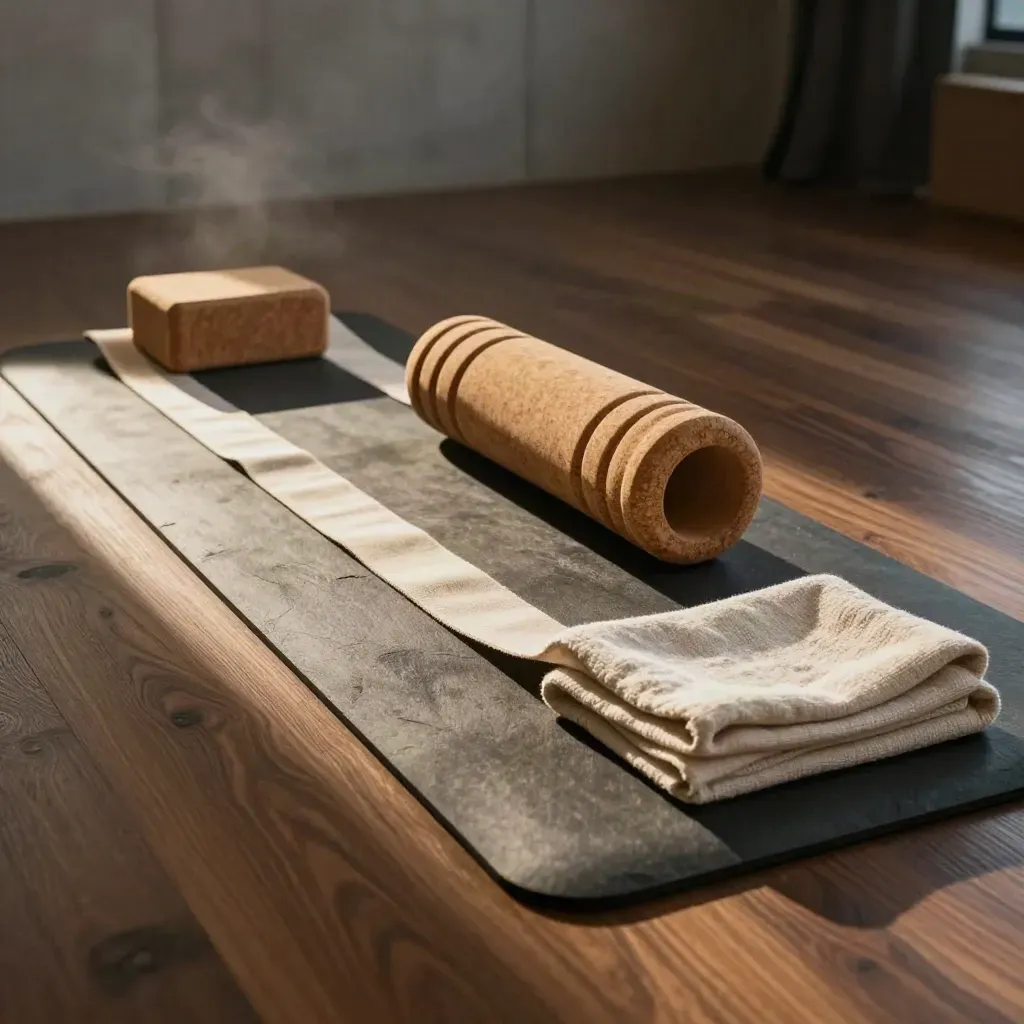 Mobility alanında cork blok, esneme kayışı, foam roller ve havlu ile hazırlık düzeni.
