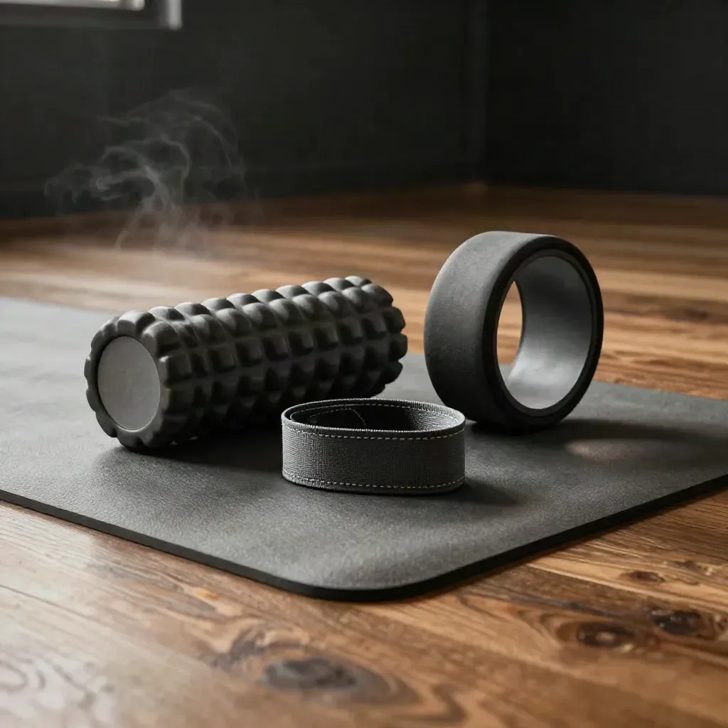 Yerde foam roller, esneme bandı, yoga çarkı ve rulo matlı boş mobilite alanı.