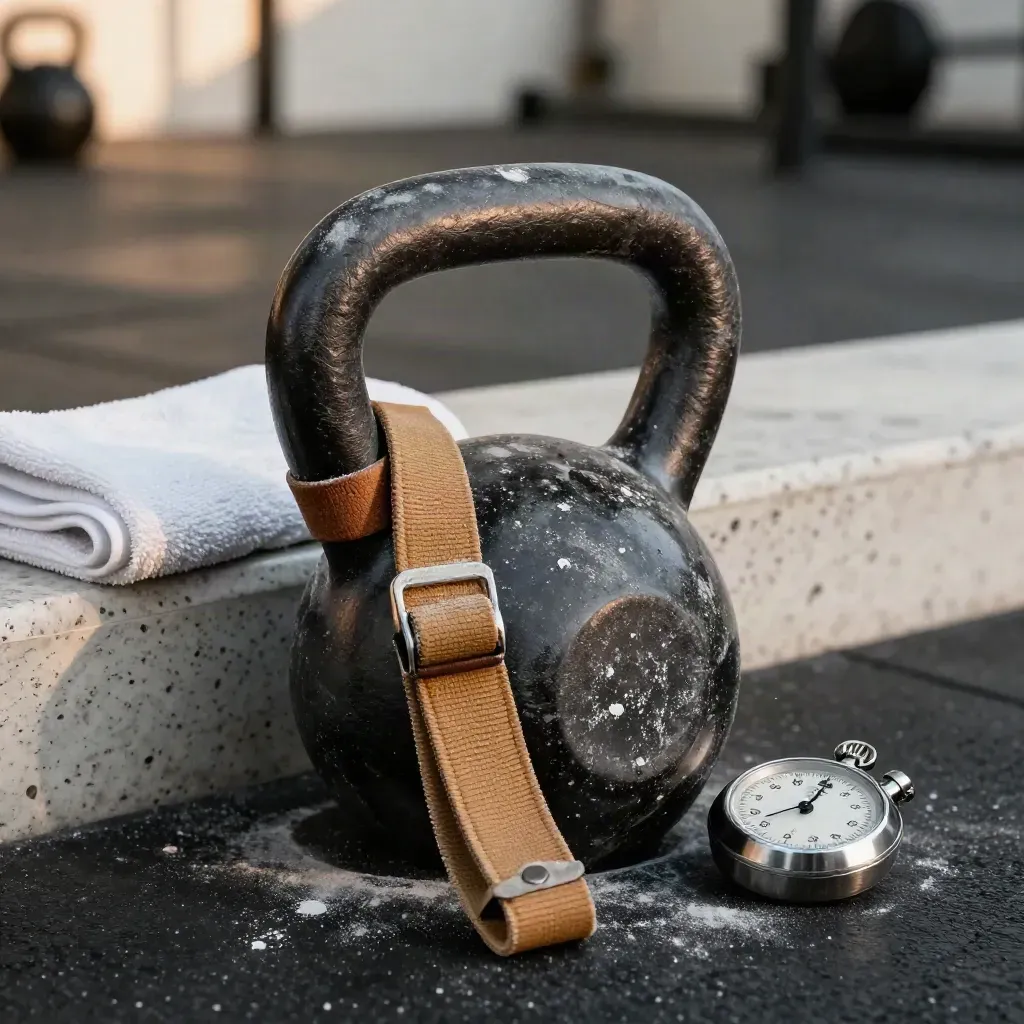 Tebeşirli kettlebell sapı, yıpranmış kayış ve metal kronometreli antrenman detayı
