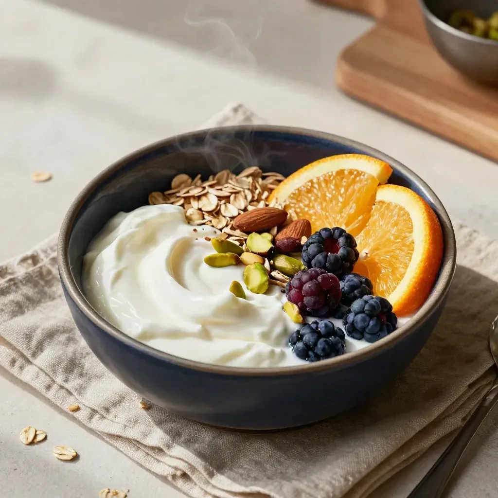 Yogurt, meyveler, yulaf ve kuruyemişlerle hazırlanmış besleyici kahvaltı düzeni