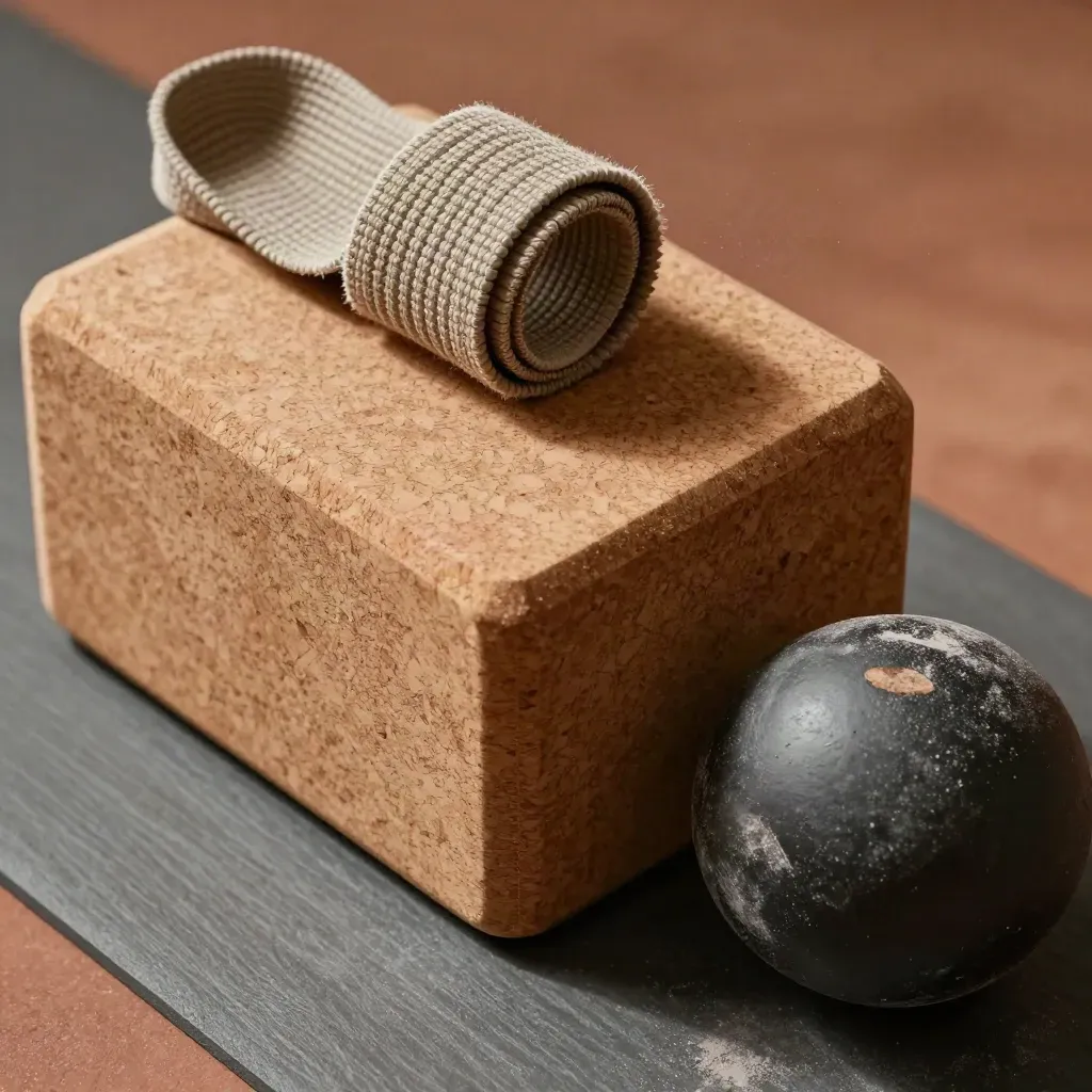 Kork yoga bloğu, dokuma strap ve masaj topu, tozlu yakın plan