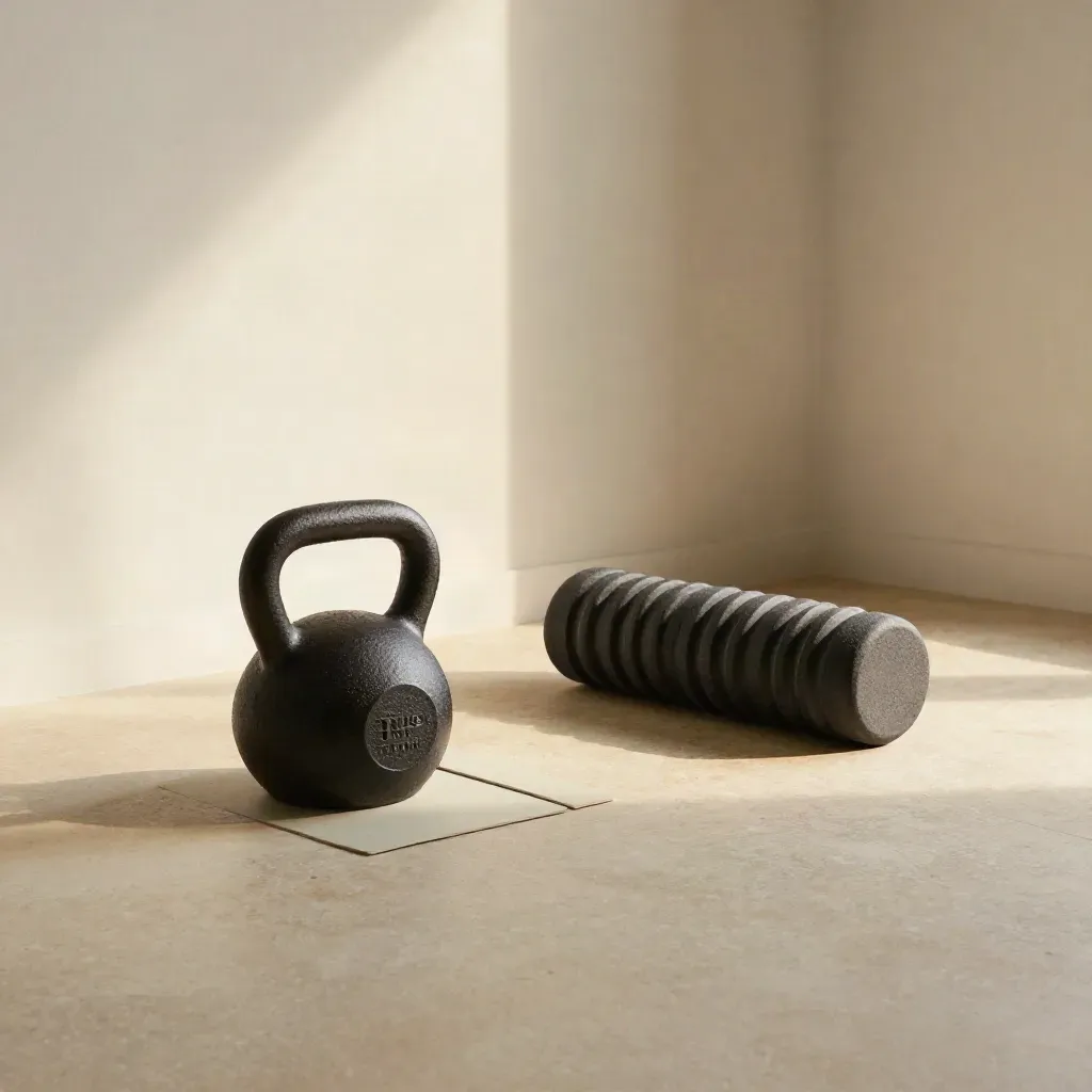 Hazır antrenman köşesinde kettlebell, mini engel, foam roller ve mat kâresi.