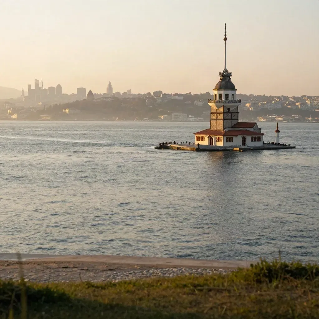 Üsküdar kıyısı ve Kız Kulesi sis içinde, altta sakin deniz alanı