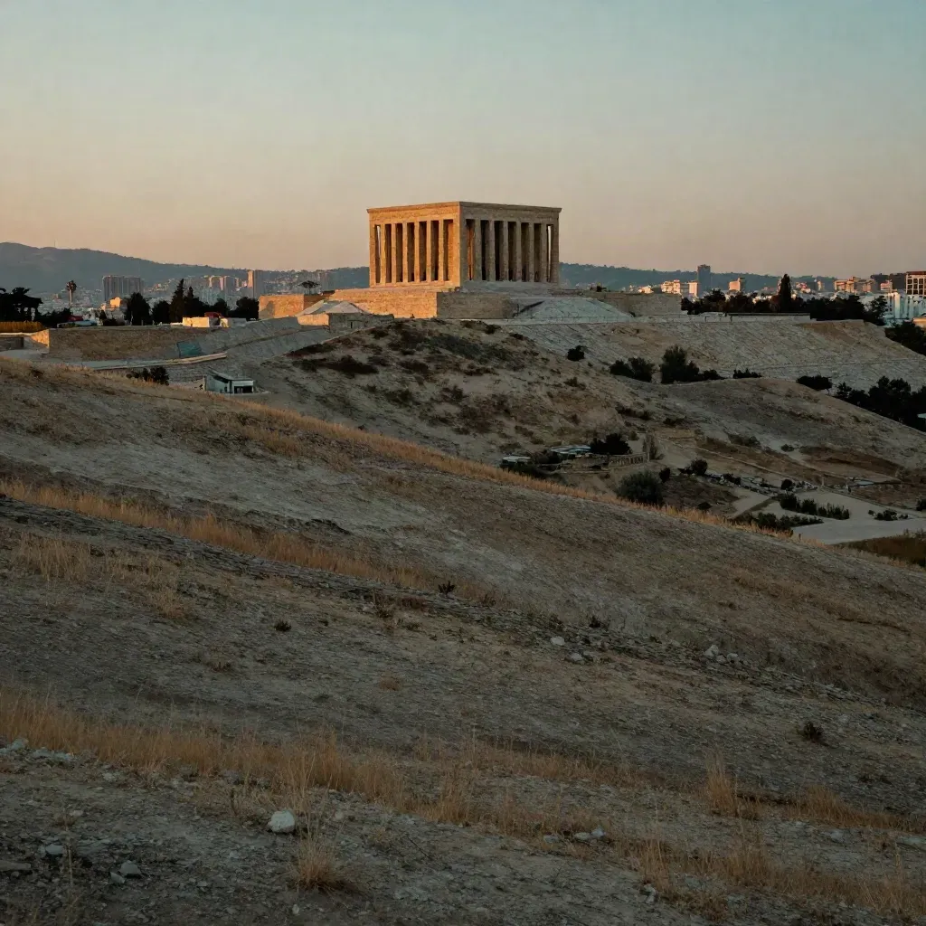 Gün batımında Ankara, Anıtkabir ve kurak yamaçların sisli geniş manzarası.