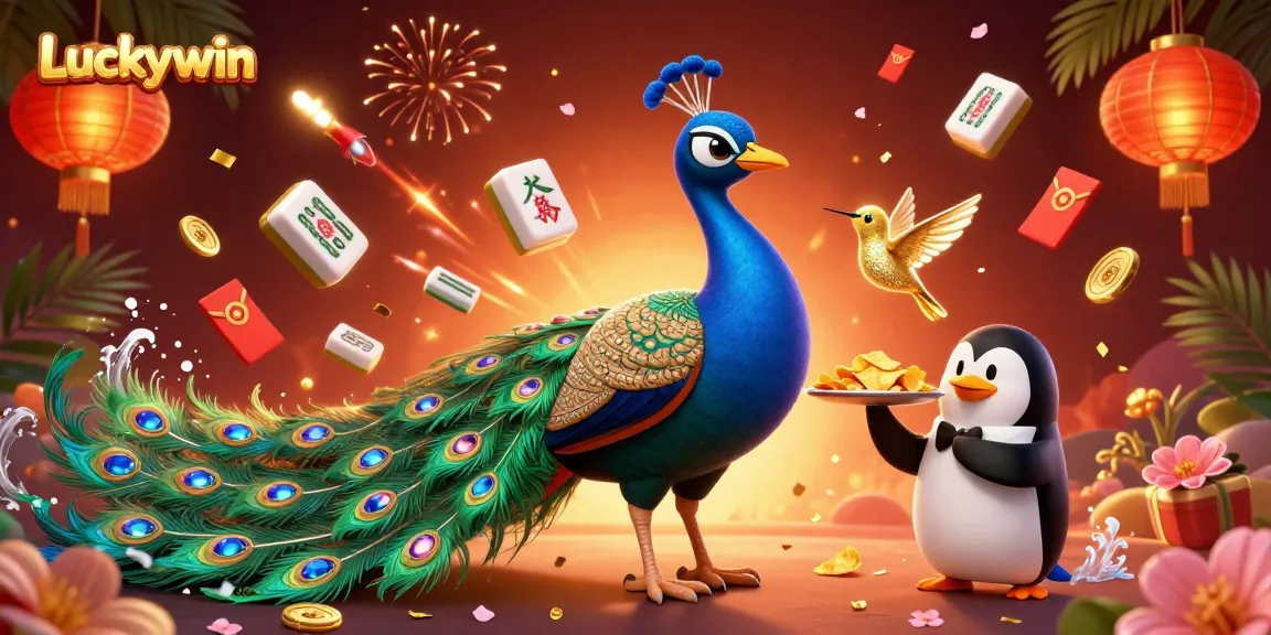 Luckywin showcases vibrant casino elements with a flamboyant peacock and a butler penguin, inviting players to join.