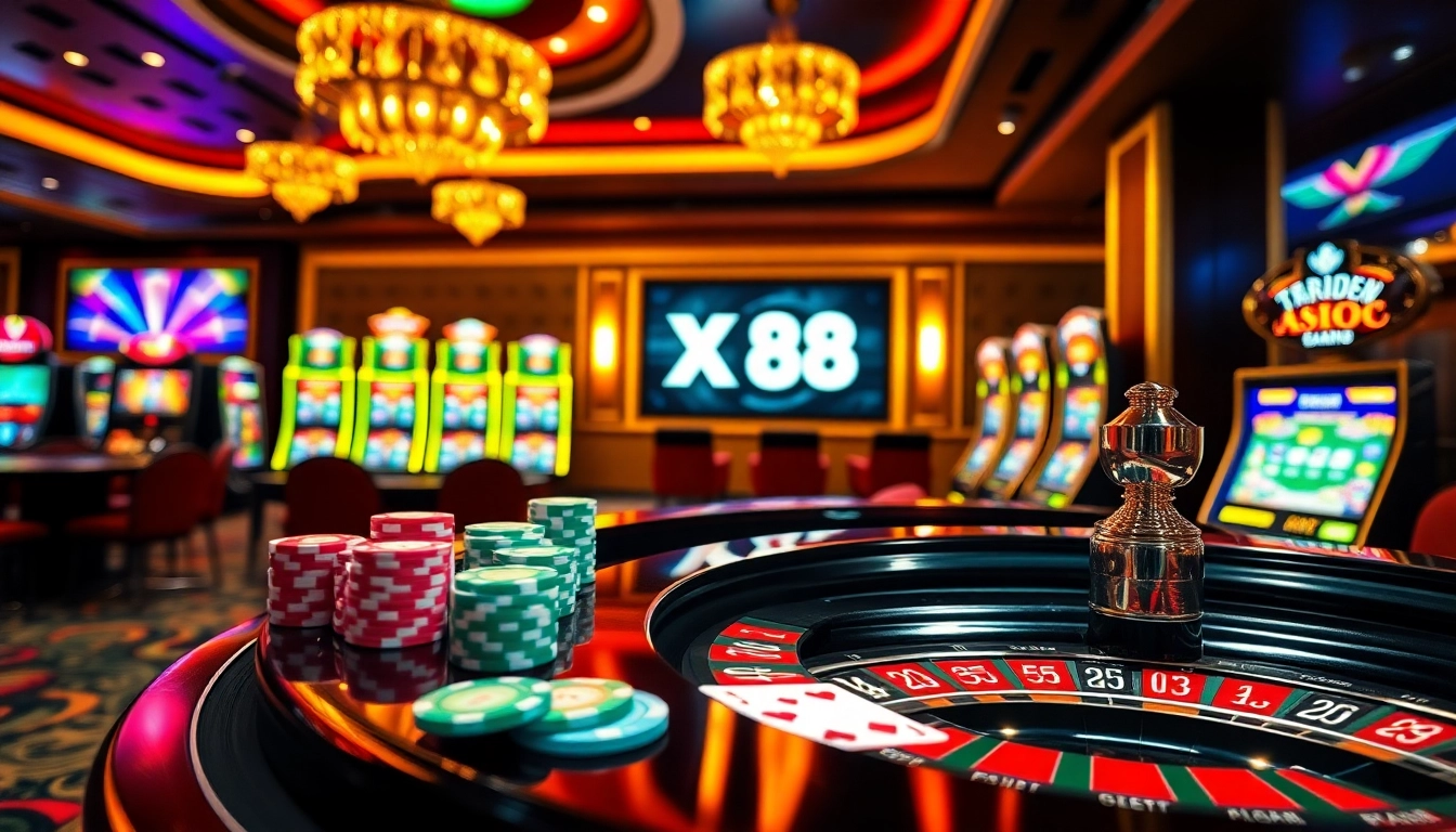 Enjoying a thrilling game at XX 88 casino with vibrant poker chips and immersive slot machines.