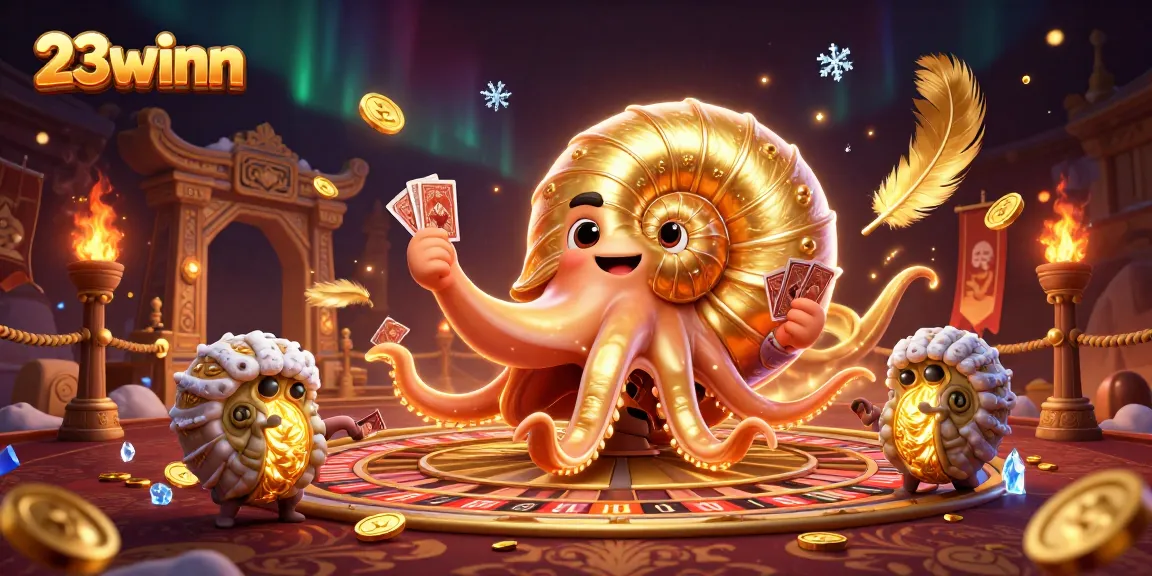 Play and win big at 23winn with a vibrant 3D casino scene featuring a nautilus roulette and glowing cards.