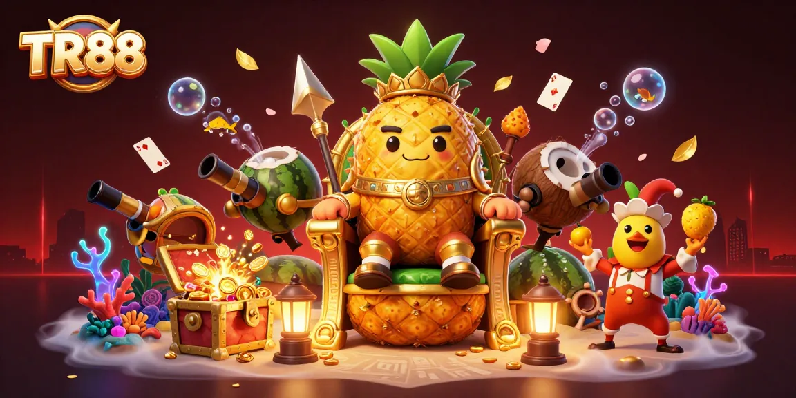 Experience the thrill of TR88 as the golden pineapple king heads a vibrant beach casino with exciting games and treasures.