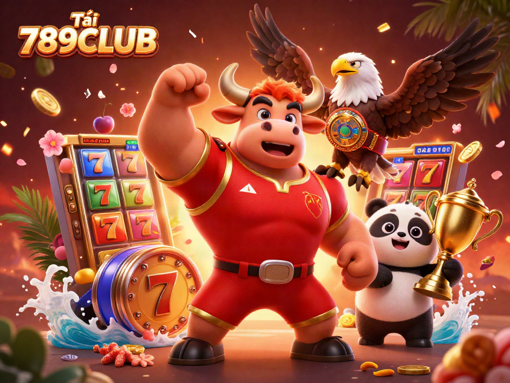 Tải 789CLUB with a lively 3D scene featuring a muscular bull, eagle, and panda celebrating amidst slot machines and lucky symbols.