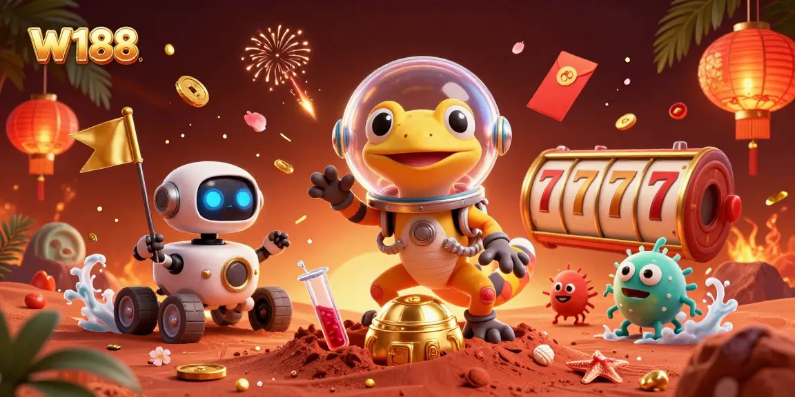 W188 showcases a Martian gecko in a casino treasure discovery, enhanced with vibrant gambling elements.