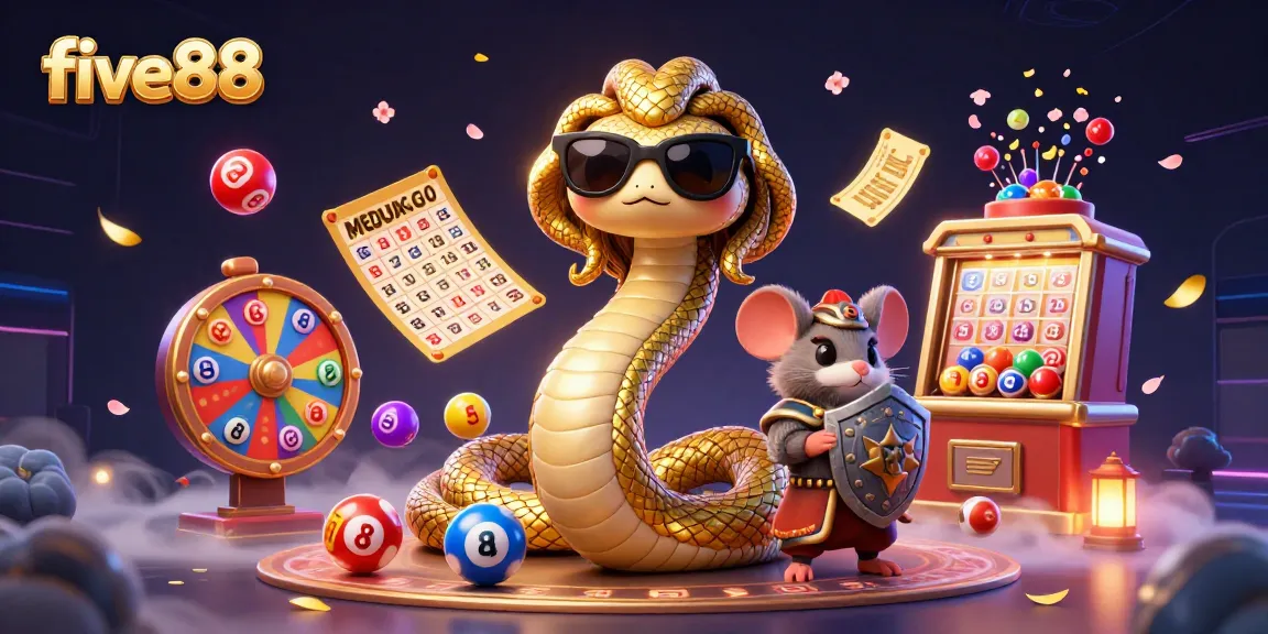 Experience excitement with five88 in this vibrant lottery-themed illustration featuring dynamic game elements.